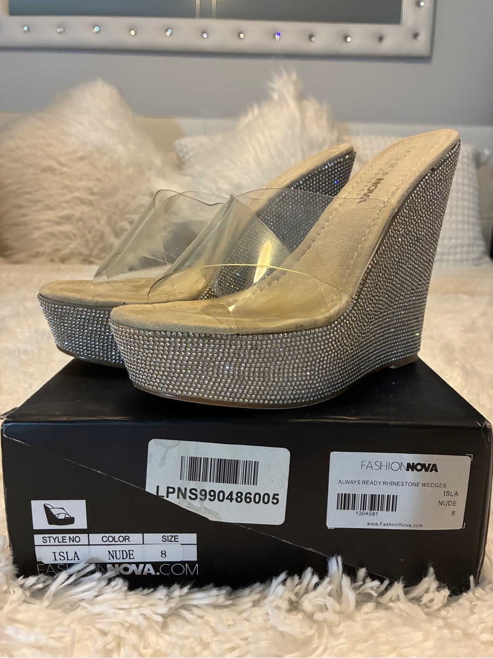 Fashion Nova Isla Clear Rhinestone Wedge Mules - Nude